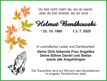 Traueranzeige von Helmut Bendkowski von Ansbach