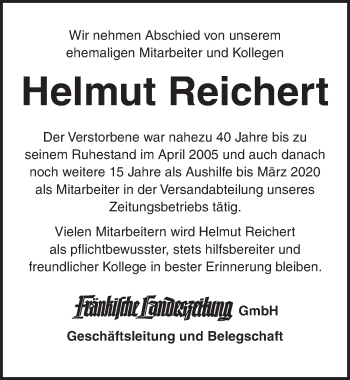 Traueranzeige von Helmut Reichert von Ansbach