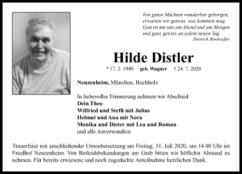 Traueranzeige von Hilde Distler von Neustadt/ Scheinfeld/ Uffenheim