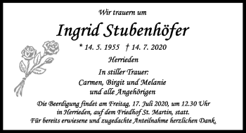 Traueranzeige von Ingrid Stubenhöfer von Ansbach