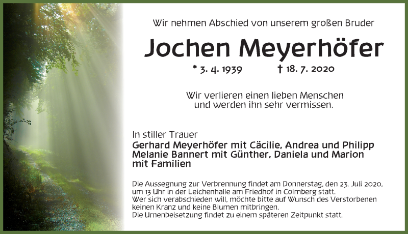  Traueranzeige für Jochen Meyerhöfer vom 22.07.2020 aus Ansbach