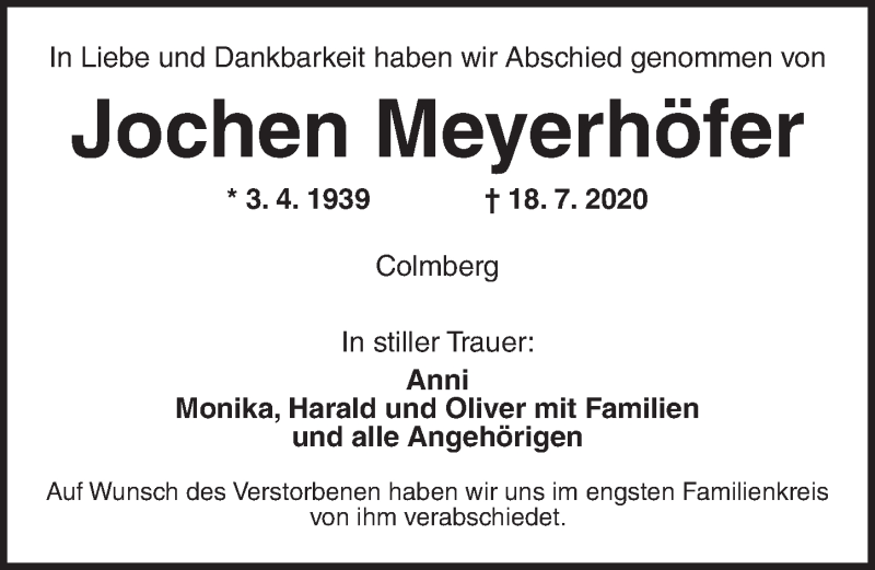  Traueranzeige für Jochen Meyerhöfer vom 24.07.2020 aus Ansbach