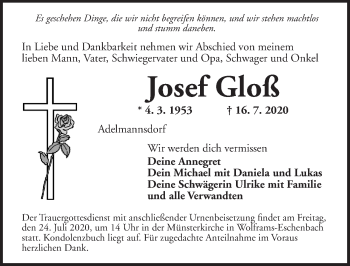 Traueranzeige von Josef Gloß von Ansbach