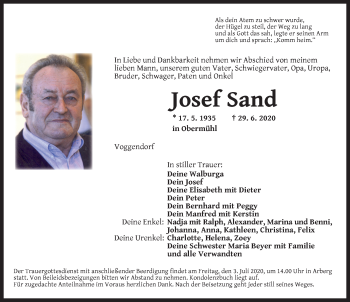 Traueranzeige von Josef Sand von Ansbach