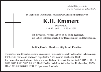 Traueranzeige von K.H. Emmert von Ansbach