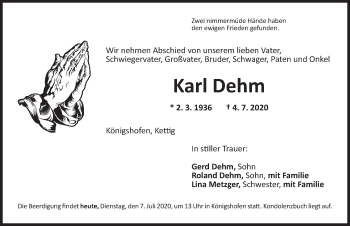 Traueranzeige von Karl Dehm von Dinkelsbühl/ Feuchtwangen