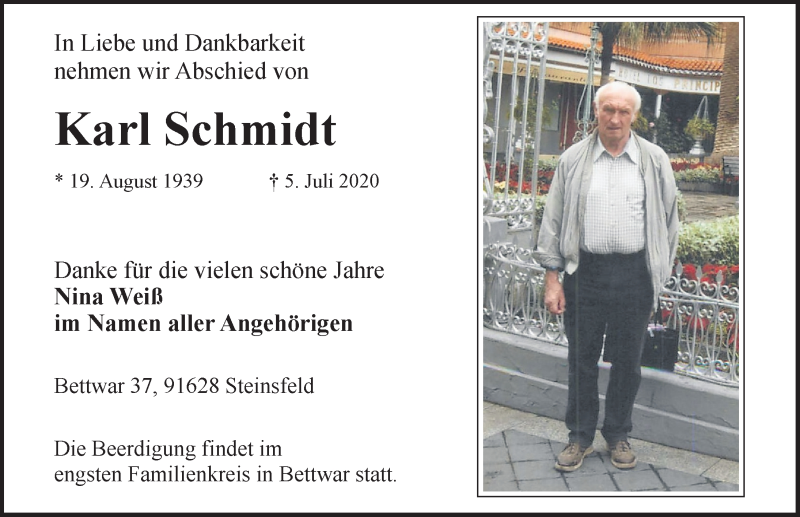 Traueranzeige für Karl Schmidt vom 11.07.2020 aus Rothenburg