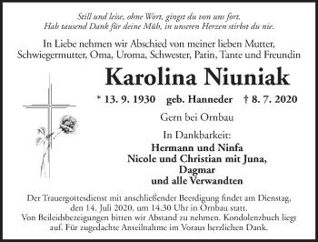 Traueranzeige von Karolina Niuniak von AB