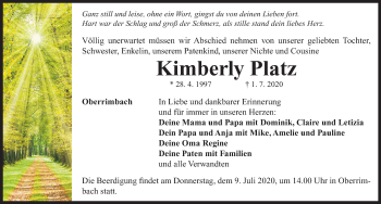 Traueranzeige von Kimberly Platz von Neustadt/ Scheinfeld/ Uffenheim