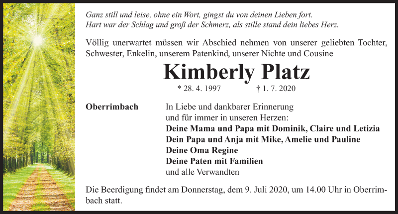  Traueranzeige für Kimberly Platz vom 08.07.2020 aus Neustadt/ Scheinfeld/ Uffenheim