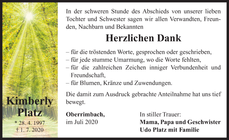  Traueranzeige für Kimberly Platz vom 20.07.2020 aus Neustadt/ Scheinfeld/ Uffenheim