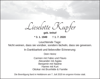 Traueranzeige von Lieselotte Kupfer von Ansbach