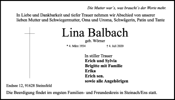 Traueranzeige von Lina Balbach von Rothenburg