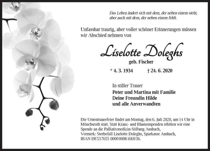  Traueranzeige für Liselotte Doleghs vom 04.07.2020 aus Dinkelsbühl/ Feuchtwangen