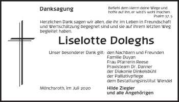 Traueranzeige von Liselotte Doleghs von Dinkelsbühl/ Feuchtwangen