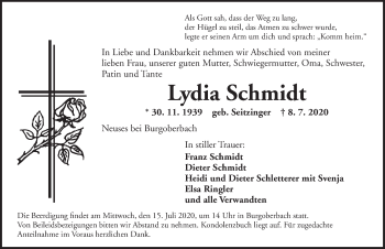 Traueranzeige von Lydia Schmidt von Ansbach