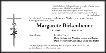 Traueranzeige von Margarete Birkenheuer von Ansbach