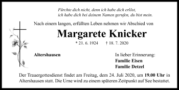 Traueranzeige von Margarete Knicker von Neustadt/ Scheinfeld/ Uffenheim