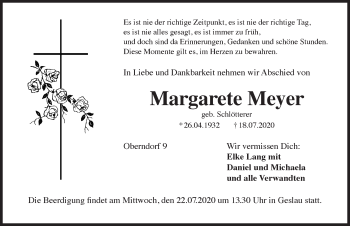 Traueranzeige von Margarete Meyer von Rothenburg