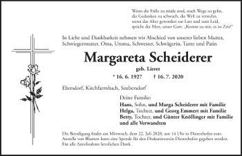 Traueranzeige von Margaretes Scheiderer von Ansbach