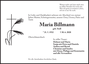 Traueranzeige von Maria Billmann von Ansbach