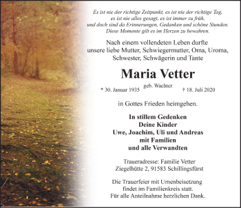 Traueranzeige von Maria Vetter von Rothenburg