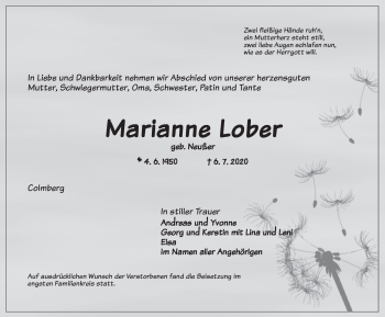 Traueranzeige von Marianne Lober von Ansbach