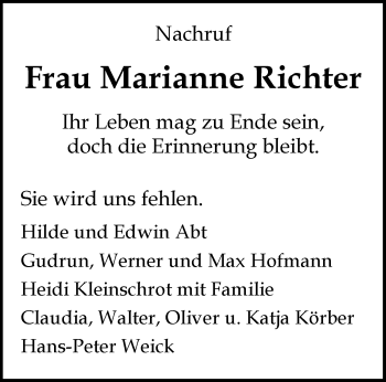 Traueranzeige von Marianne Richter von Rothenburg