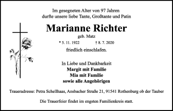 Traueranzeige von Marianne Richter von Rothenburg