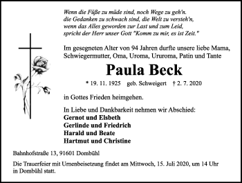 Traueranzeige von Paula Beck von Rothenburg