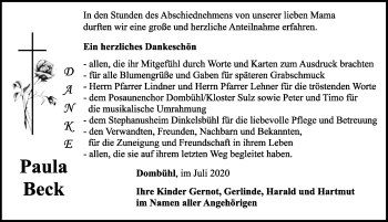 Traueranzeige von Paula Beck von Dinkelsbühl/ Feuchtwangen