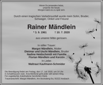 Traueranzeige von Rainer Mändlein von Ansbach