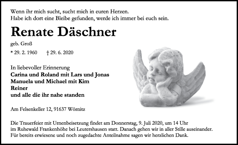  Traueranzeige für Renate Däschner vom 03.07.2020 aus Rothenburg