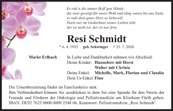 Traueranzeige von Resi Schmidt von Neustadt/ Scheinfeld/ Uffenheim