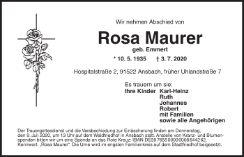 Traueranzeige von Rosa Maurer von Ansbach