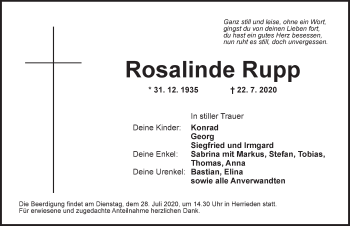 Traueranzeige von Rosalinde Rupp von Ansbach
