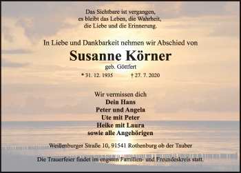 Traueranzeige von Susanne Körner von Rothenburg