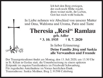 Traueranzeige von Theresia Ramlau von Ansbach