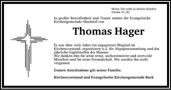 Traueranzeige von Thomas Hager von Dinkelsbühl/ Feuchtwangen