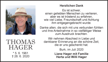 Traueranzeige von Thomas Hager von Dinkelsbühl/ Feuchtwangen