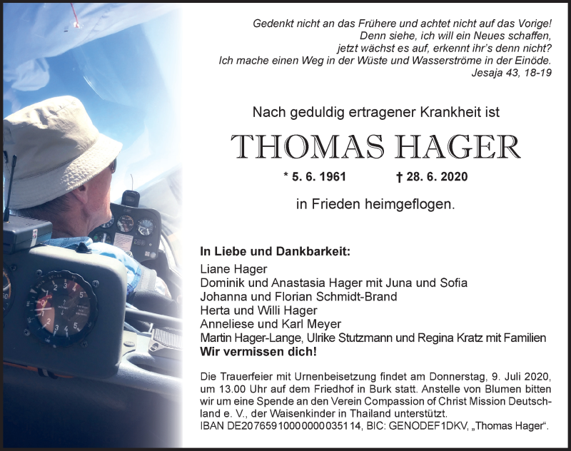  Traueranzeige für Thomas Hager vom 07.07.2020 aus Dinkelsbühl/ Feuchtwangen