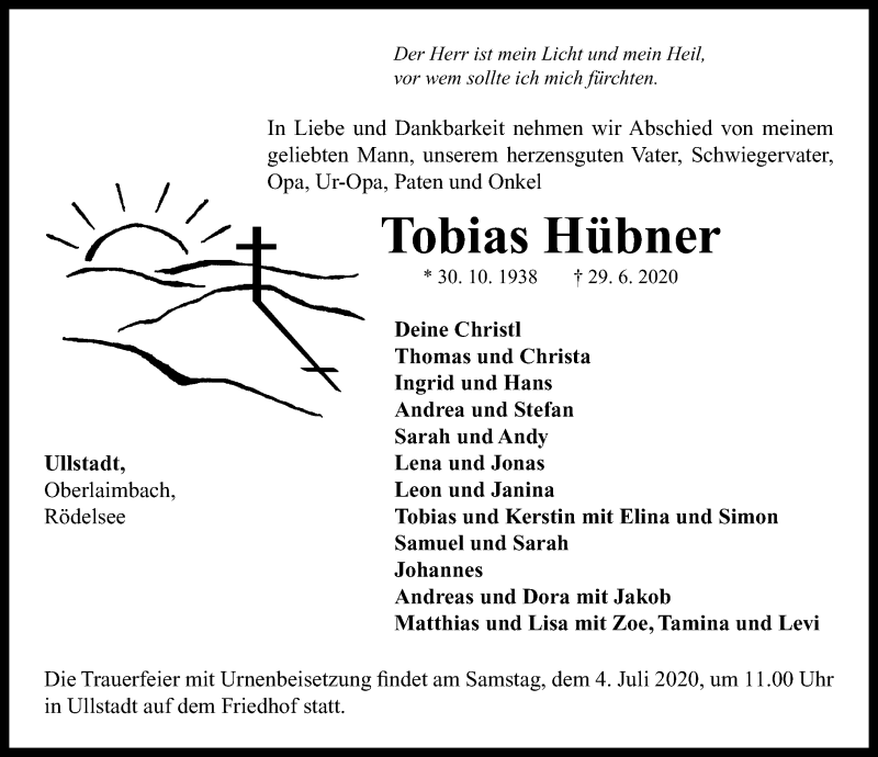  Traueranzeige für Tobias Hübner vom 02.07.2020 aus Neustadt/ Scheinfeld/ Uffenheim