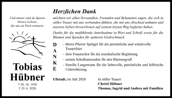 Traueranzeige von Tobias Hübner von Neustadt/ Scheinfeld/ Uffenheim