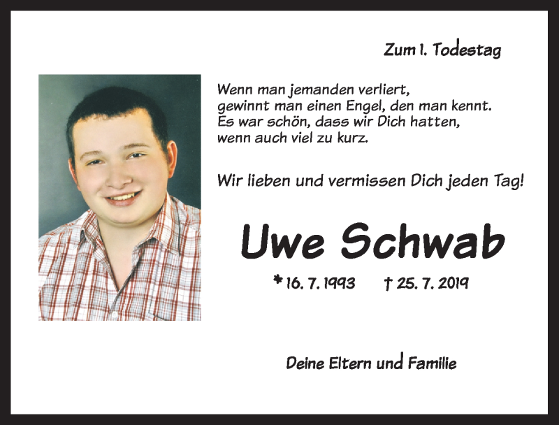  Traueranzeige für Uwe Schwab vom 25.07.2020 aus Ansbach