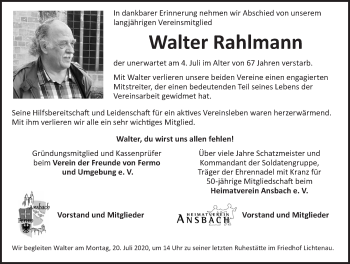 Traueranzeige von Walter Rahlmann von Ansbach