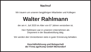 Traueranzeige von Walter Rahlmann von Ansbach