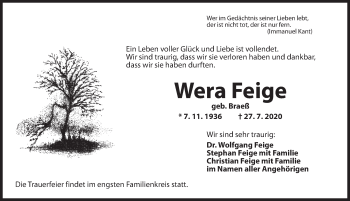 Traueranzeige von Wera Feige von Ansbach