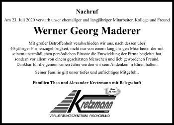 Traueranzeige von Werner Georg Maderer von Neustadt/ Scheinfeld/ Uffenheim