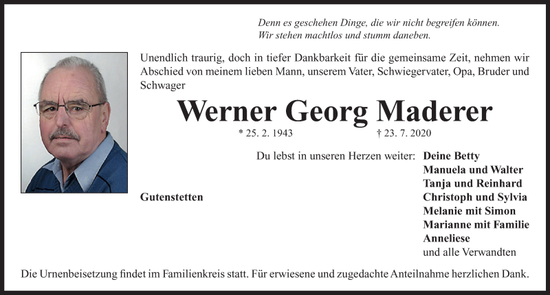  Traueranzeige für Werner Georg Maderer vom 25.07.2020 aus Neustadt/ Scheinfeld/ Uffenheim