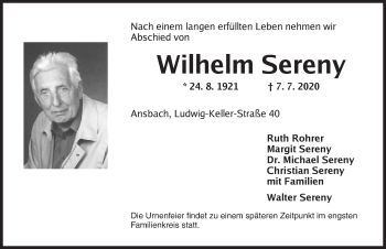 Traueranzeige von Wilhelm Sereny von Ansbach